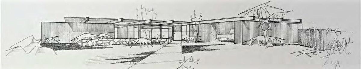 Architect's line rendering of the long low Wexler Residence with its flat roof and glass walls