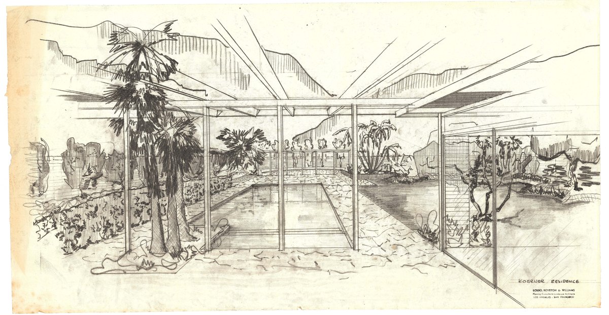 Original E. Stewart Williams architectural rendering of the Koerner House showing the shed roof and desert planting